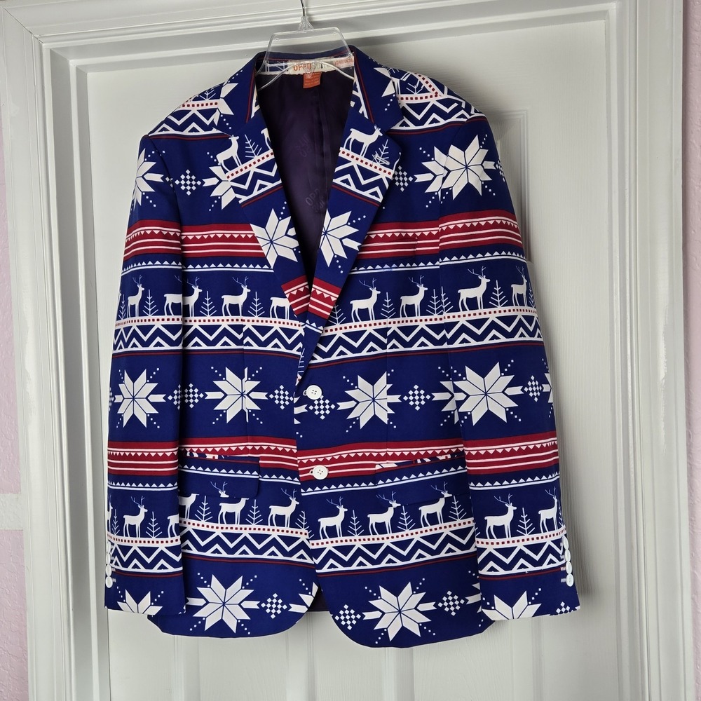 Opposuits Blue Holiday Blazer‎ Mens Size 38 Christmas Reindeer Snowflake Jacket